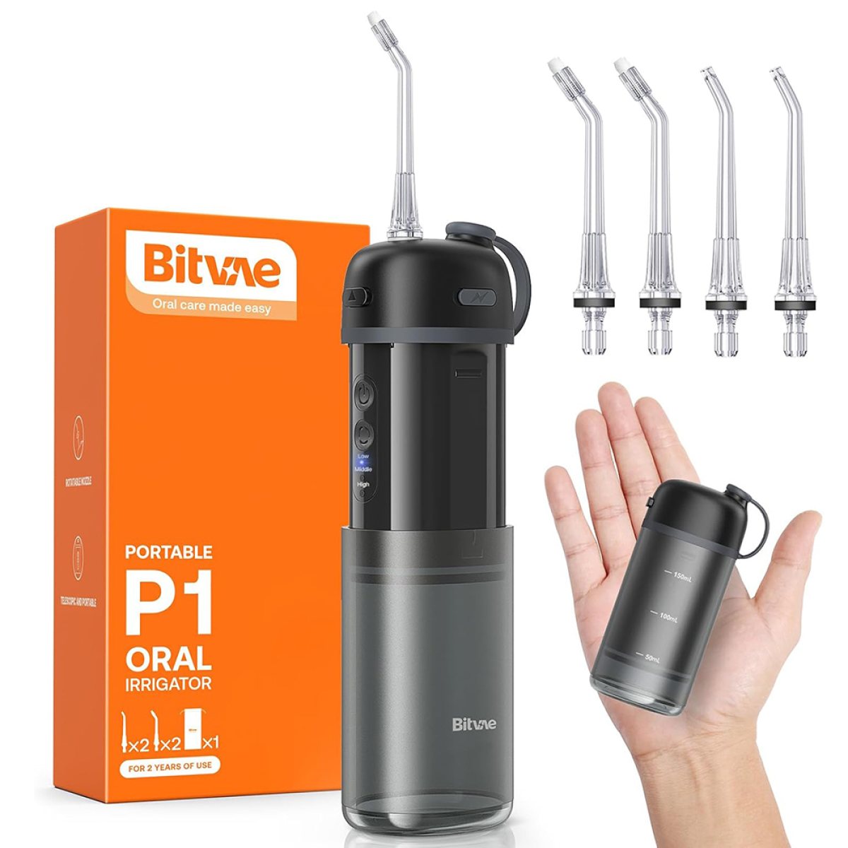 Travel Flosser, Compact, 4x Jet Tips, Gentle Modes - Bitvae (BVP1) - Black