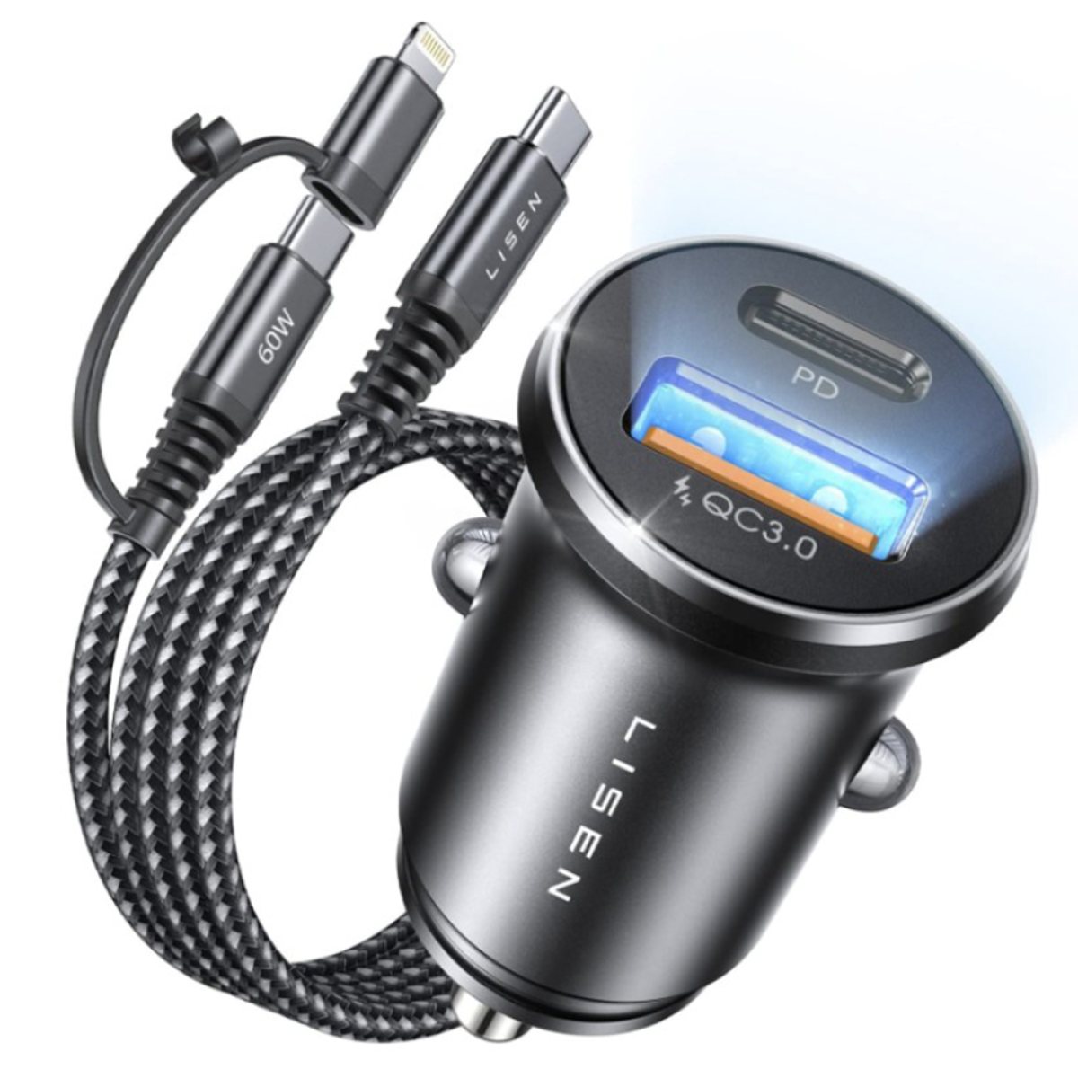 Incarcator pentru Masina, USB, USB-C, Cablu Inclus - Lisen (YL0223080035) - Black