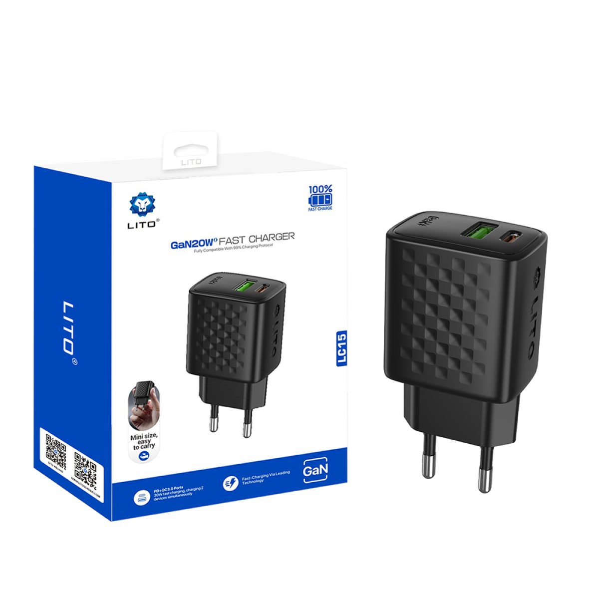 Incarcator pentru Priza, USB-C, USB, 20W - Lito (LC15) - Black