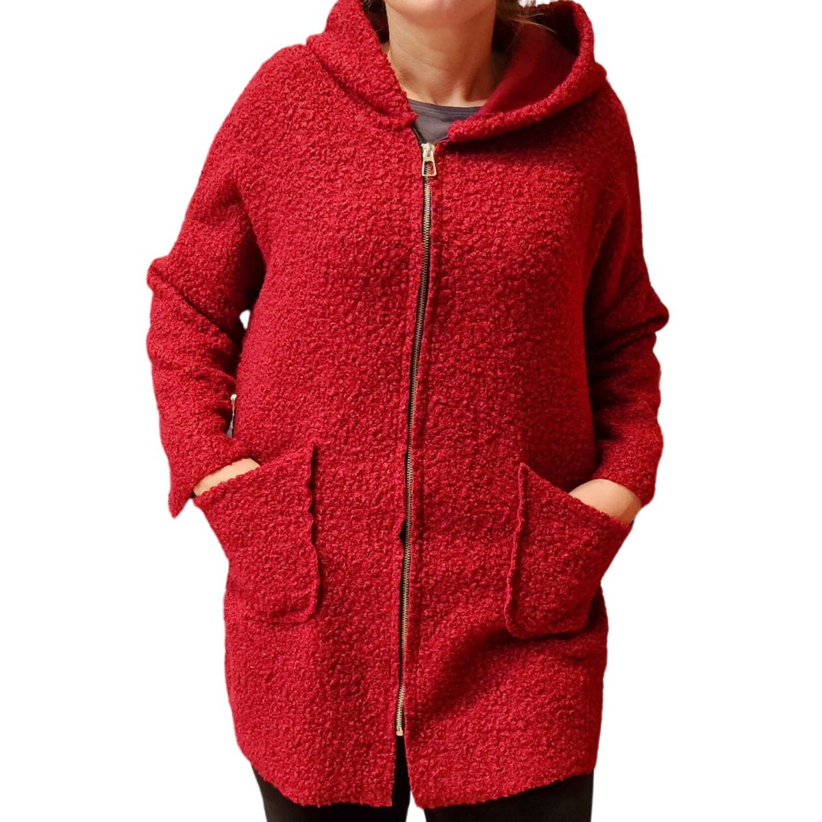 Cardigan lung cu buzunare laterale rosu
