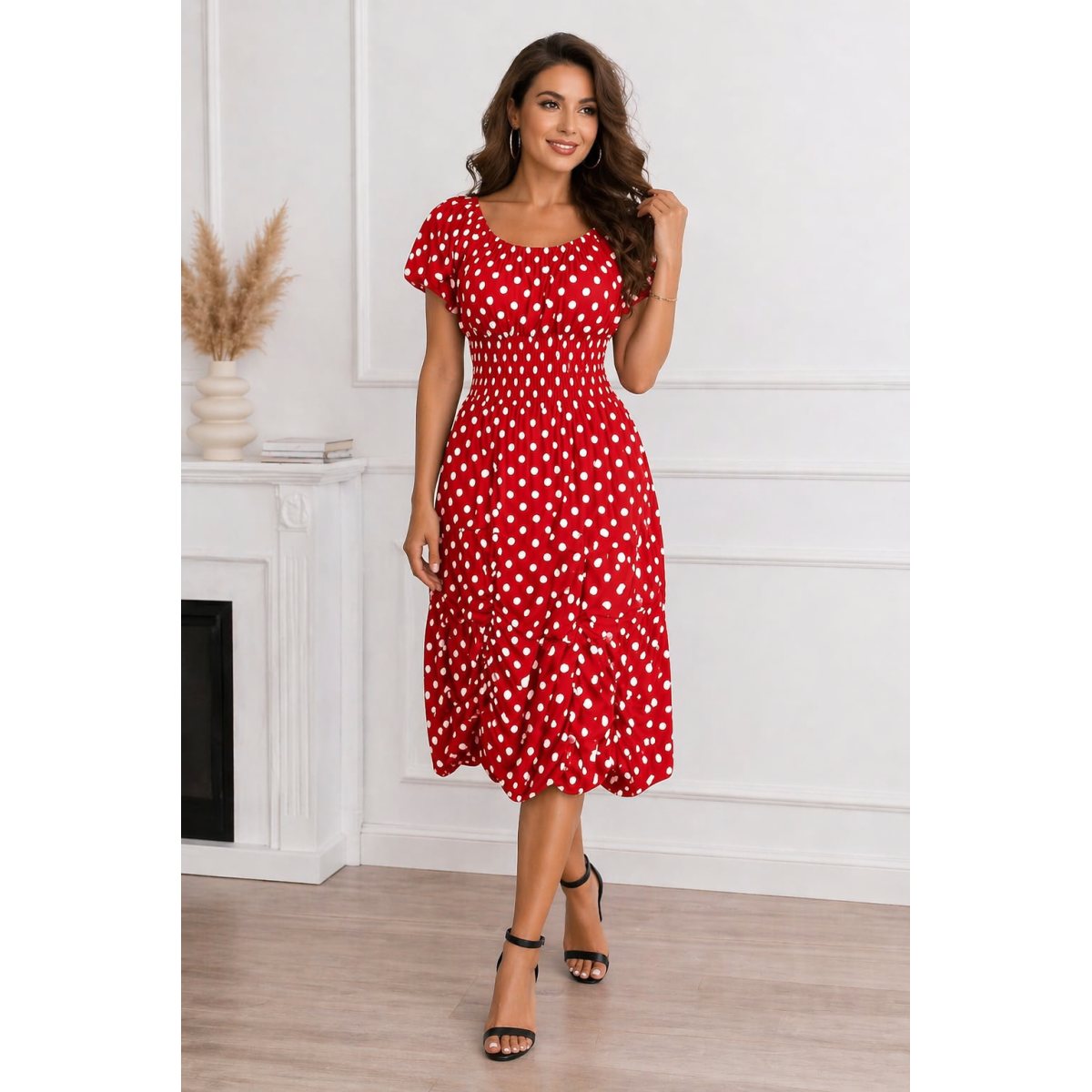 Rochie lejera dama rosu imprimeu buline