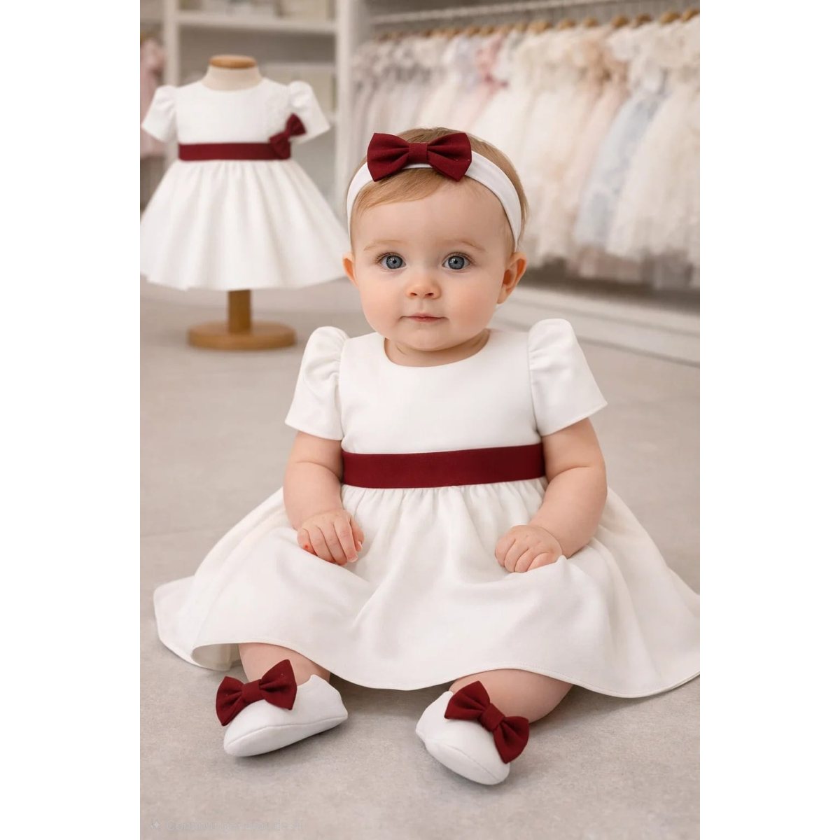 Rochie fetite botez albă accente bordo Rochie fetite botez albă accente bordo (74)