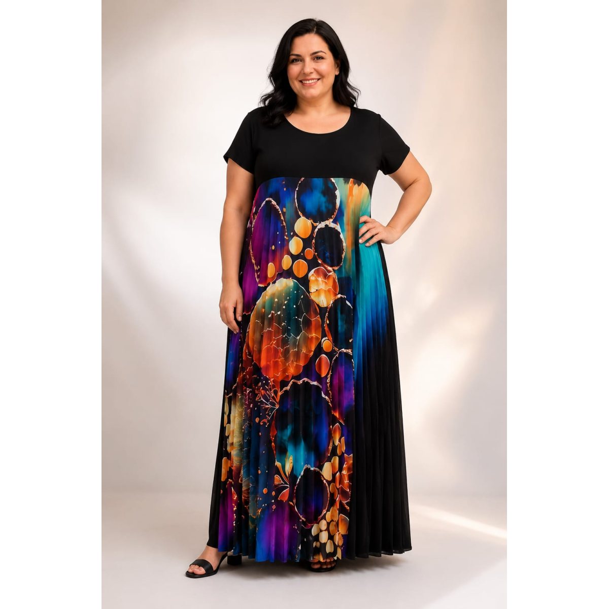 Rochita maxi plisata negru cercuri colorate