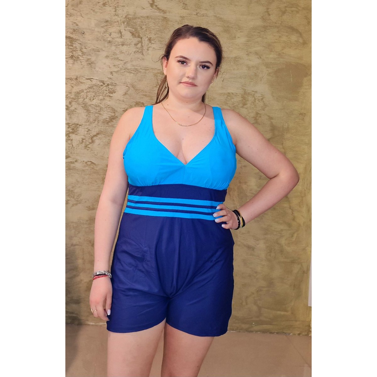 Costum de baie pantaloni scurti intreg albastru