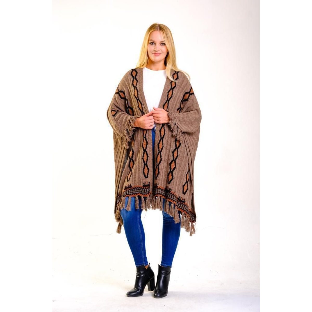 Poncho extra large cu franjuri maro