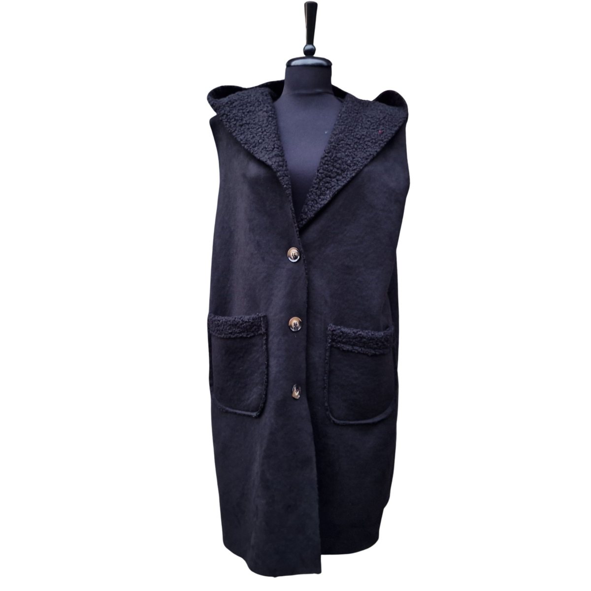 Cardigan tip vesta din piele intoarsa cu blanita NEGRU