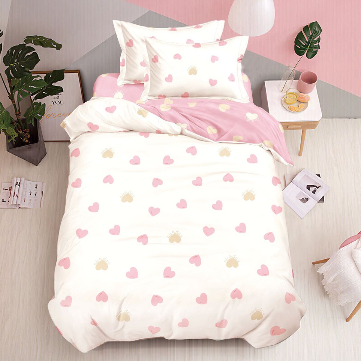 Lenjerie Bumbac Finet cu Elastic 1 Persoana Pink Hearts