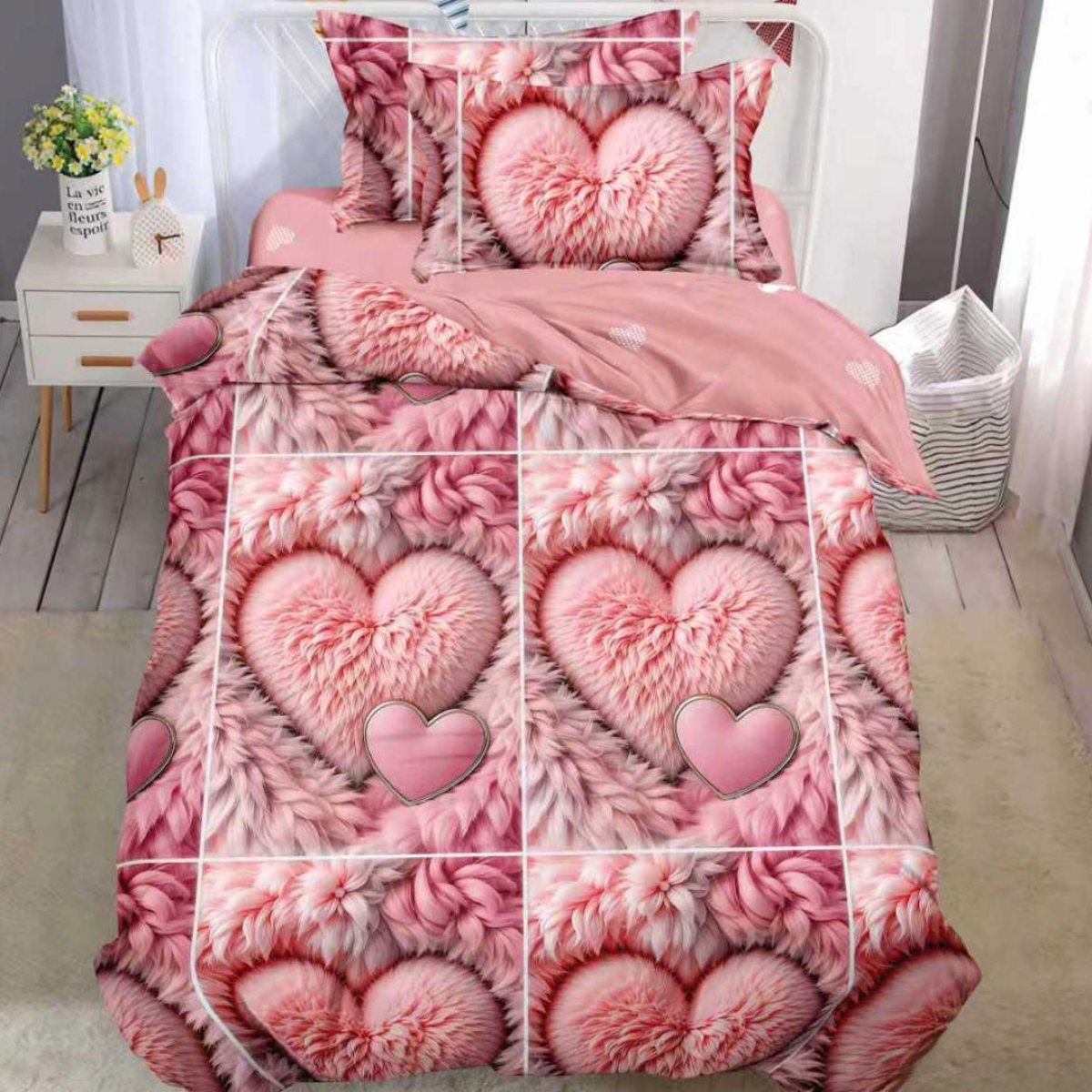 Lenjerie Bumbac Finet cu Elastic 1 Persoana Puff Heart