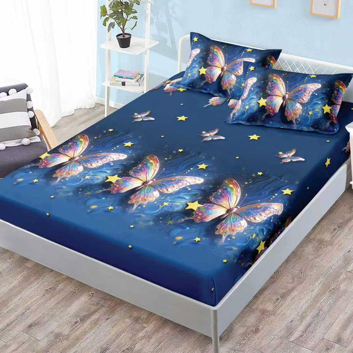Husa de pat cu elastic + 2 fete perna Fluturi Blue