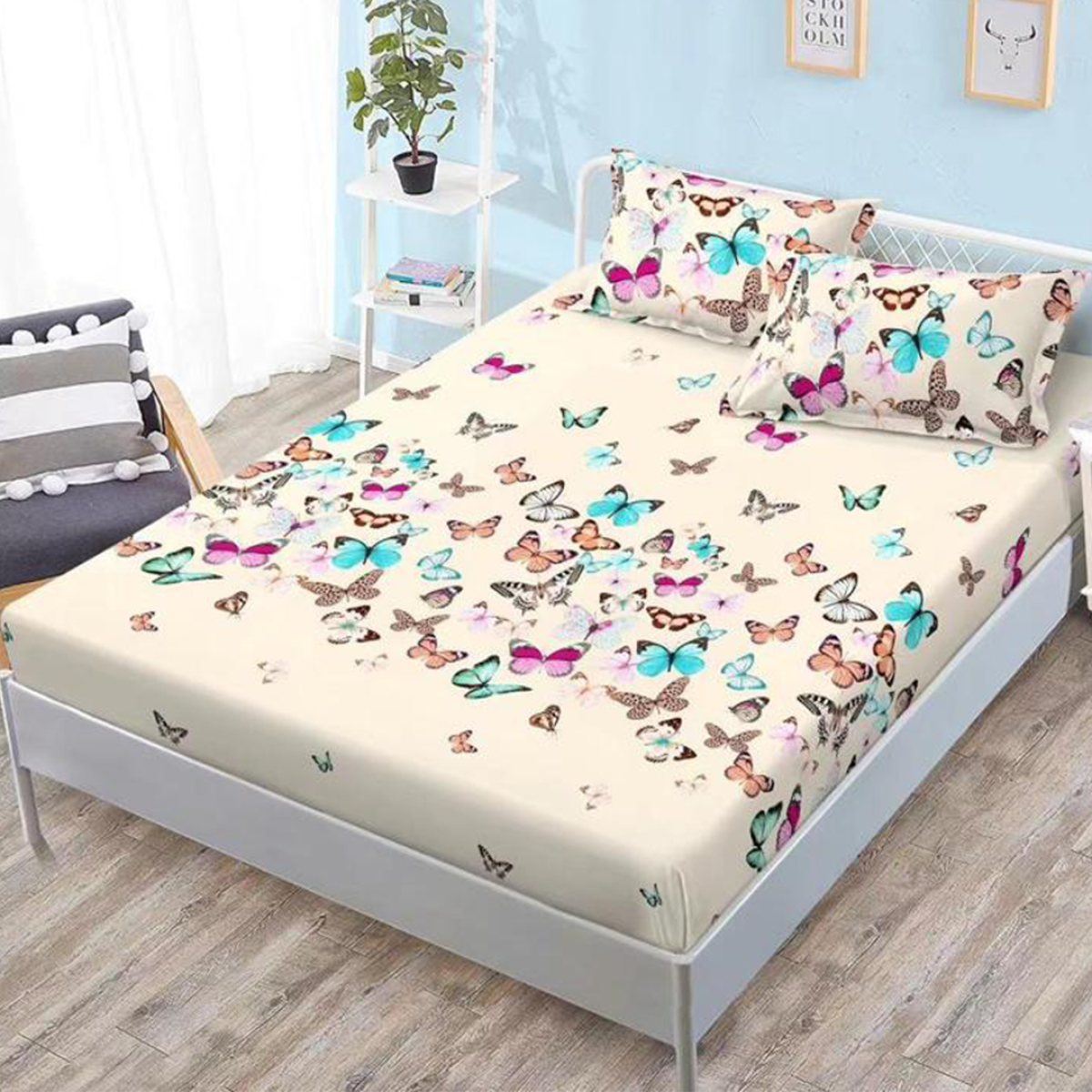 Husa de pat cu elastic + 2 fete perna Butterfly in Colors