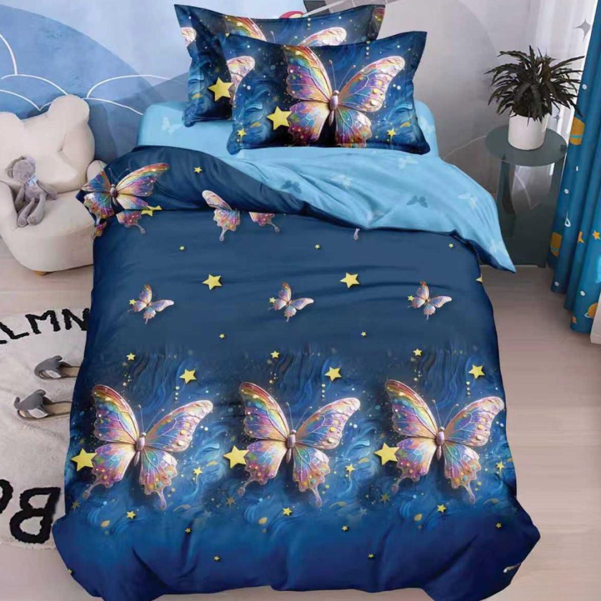 Lenjerie Bumbac Finet 1 Persoana Fluturi Blue