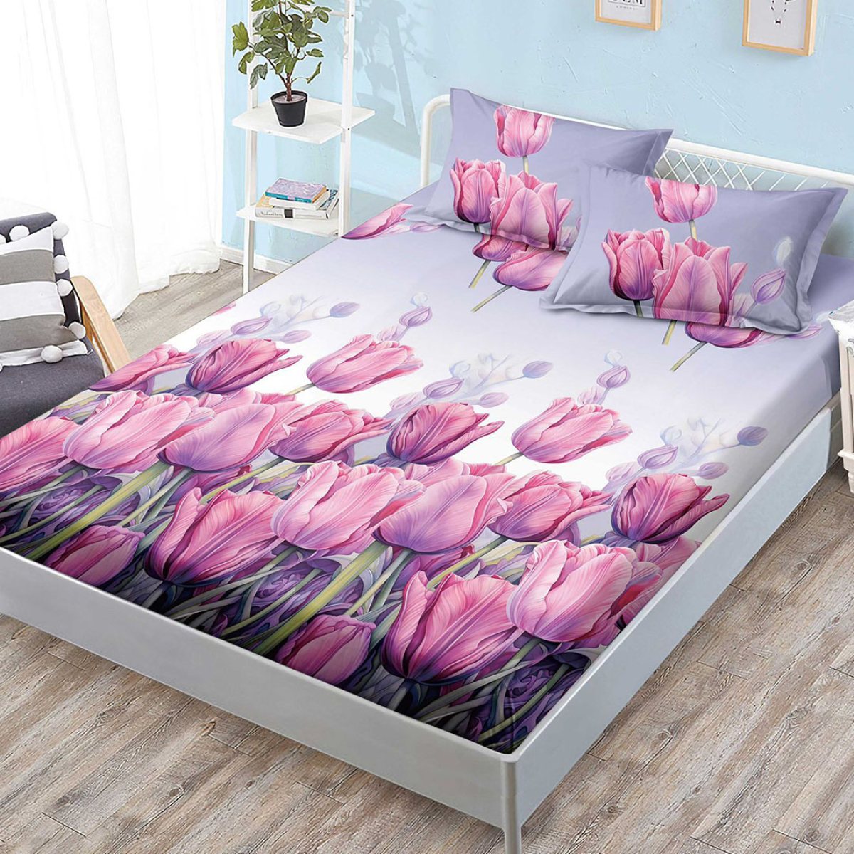 Husa de pat cu elastic + 2 fete perna Rosa Tulips