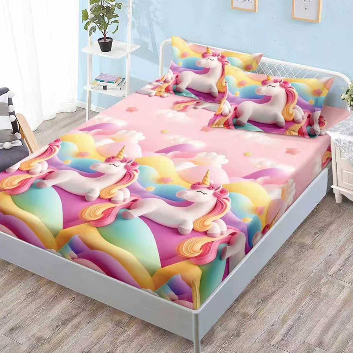 Husa de pat cu elastic + 2 fete perna Sleepy Unicorn
