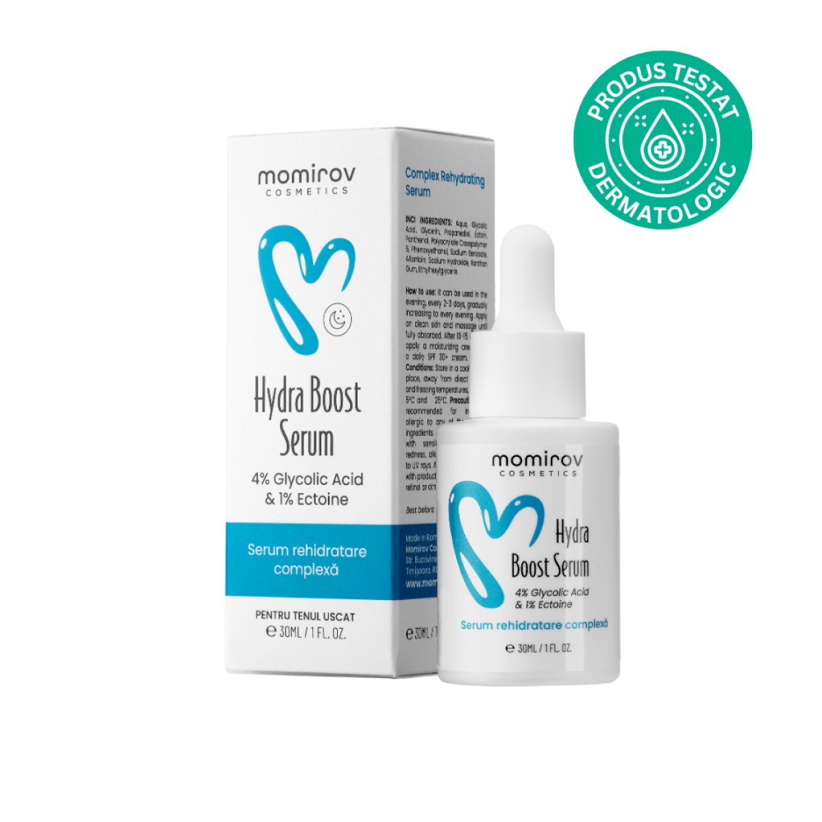 Serum Hydra Boost cu 4% acid glicolic și 1% ectoină pentru ten uscat, 30 ml